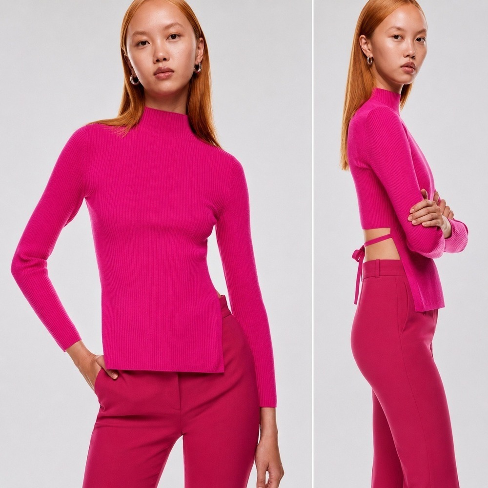 Aritzia Babaton Sculpt Knit Mockneck Tie Back Sweater Pink SZ Large Coquette Y2K